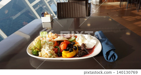Dining Room Buffet aboard the abstract luxury cruise ship. Healthy breakfast at modern liner concept Dining Room Buffet aboard the abstract luxury cruise ship. Healthy breakfast at modern liner concept 140130769