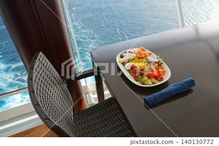 Dining Room Buffet aboard the abstract luxury cruise ship. Healthy breakfast at modern liner concept Dining Room Buffet aboard the abstract luxury cruise ship. Healthy breakfast at modern liner concept 140130772