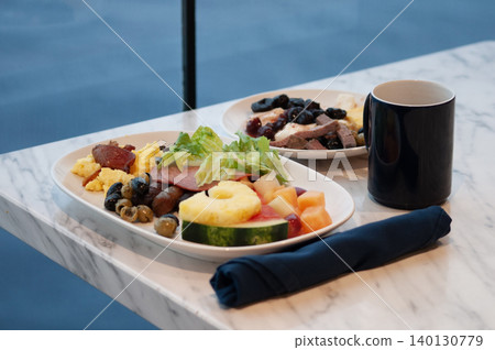 Dining Room Buffet aboard the abstract luxury cruise ship. Healthy breakfast at modern liner concept Dining Room Buffet aboard the abstract luxury cruise ship. Healthy breakfast at modern liner concept 140130779