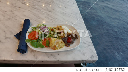 Dining Room Buffet aboard the abstract luxury cruise ship. Healthy breakfast at modern liner concept Dining Room Buffet aboard the abstract luxury cruise ship. Healthy breakfast at modern liner concept 140130782