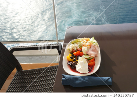 Dining Room Buffet aboard the abstract luxury cruise ship. Healthy breakfast at modern liner concept Dining Room Buffet aboard the abstract luxury cruise ship. Healthy breakfast at modern liner concept 140130787