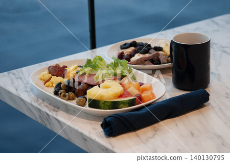 Dining Room Buffet aboard the abstract luxury cruise ship. Healthy breakfast at modern liner concept Dining Room Buffet aboard the abstract luxury cruise ship. Healthy breakfast at modern liner concept 140130795