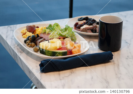 Dining Room Buffet aboard the abstract luxury cruise ship. Healthy breakfast at modern liner concept Dining Room Buffet aboard the abstract luxury cruise ship. Healthy breakfast at modern liner concept 140130796