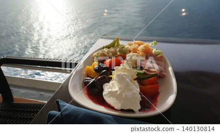 Dining Room Buffet aboard the abstract luxury cruise ship. Healthy breakfast at modern liner concept Dining Room Buffet aboard the abstract luxury cruise ship. Healthy breakfast at modern liner concept 140130814