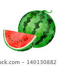 Watercolor-style watermelon illustration set: half-moon sliced, whole, summer fruit. 140130882