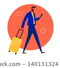 Modern Flat Traveler Character Walking with Suitcase and Smartphone 140131324