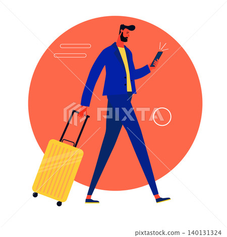 Modern Flat Traveler Character Walking with Suitcase and Smartphone Modern Flat Traveler Character Walking with Suitcase and Smartphone 140131324