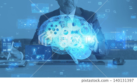 一位在辦公室工作的男士和人工智慧技術的概念 一位在辦公室工作的男士和人工智慧技術的概念 140131397