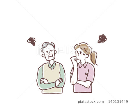Illustrations of elderly people and caregivers facing worries and challenges. Illustrations of elderly people and caregivers facing worries and challenges. 140131449