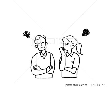 Character illustrations and line drawings of elderly people and caregivers facing worries and challenges. 140131450
