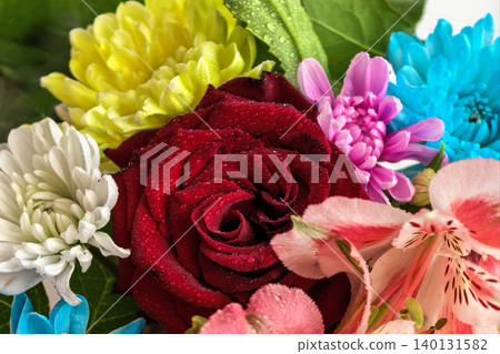 Red rose surrounded by colorful flowers with dew Red rose surrounded by colorful flowers with dew 140131582
