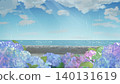水彩風格的海邊繡球花風景畫。 140131619