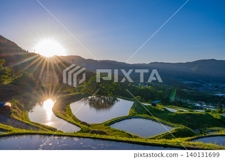 [Nagano Prefecture] Obasute Rice Terraces - Rice Planting Season - Sunset 140131699