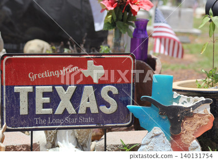 Grave With State of Texas Decoration and American Flag Rural East TX 140131754