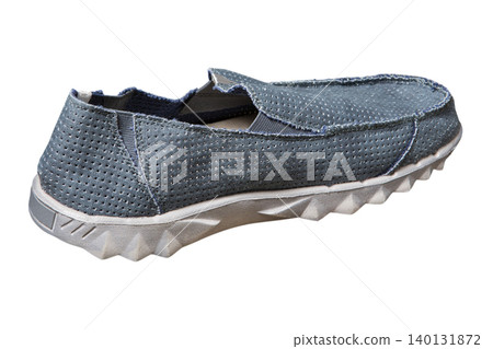 Men's casual canvas moccasins isolated on a white background. Blue canvas shoes, rear view. Men's casual canvas moccasins isolated on a white background. Blue canvas shoes, rear view. 140131872