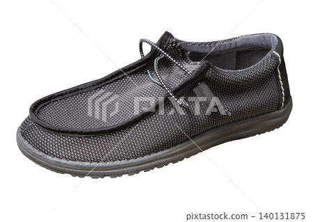 Men casual grey textile slip-on loafer shoe isolated on white background. Lightweight woven moccasin with elastic laces, side view. 140131875
