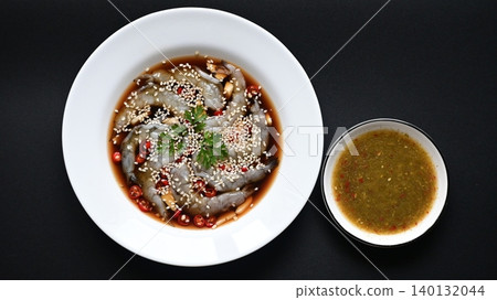 shrimp in soy sauce on white plate, korean style menu shrimp in soy sauce on white plate, korean style menu 140132044