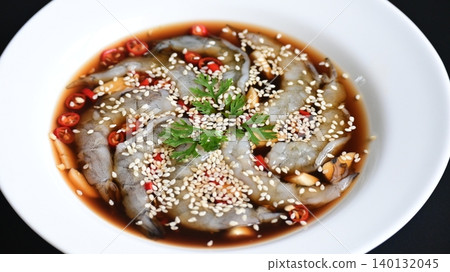 shrimp in soy sauce on white plate, korean style menu shrimp in soy sauce on white plate, korean style menu 140132045