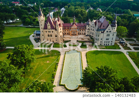 Aerial view of Moszna Castle and garden in Poland 140132483