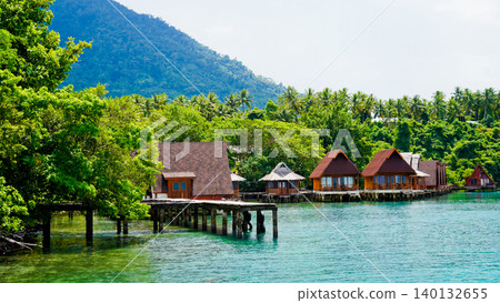 Beautiful view of the resort on the tropical beach, West Halmahera, North Maluku Beautiful view of the resort on the tropical beach, West Halmahera, North Maluku 140132655