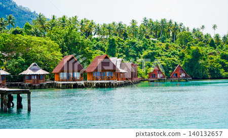 Beautiful view of the resort on the tropical beach, West Halmahera, North Maluku Beautiful view of the resort on the tropical beach, West Halmahera, North Maluku 140132657