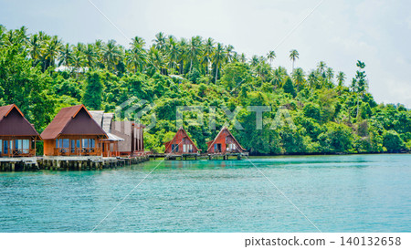 Beautiful view of the resort on the tropical beach, West Halmahera, North Maluku Beautiful view of the resort on the tropical beach, West Halmahera, North Maluku 140132658