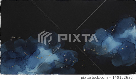 A fantastical Japanese-style background material featuring indigo watercolor and shimmering gold and silver powder on jet-black washi paper. A fantastical Japanese-style background material featuring indigo watercolor and shimmering gold and silver powder on jet-black washi paper. 140132683