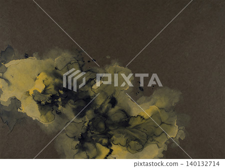 A cool, modern Japanese background with watercolors of mustard and sumi ink bleeding onto dark brown washi paper. A cool, modern Japanese background with watercolors of mustard and sumi ink bleeding onto dark brown washi paper. 140132714