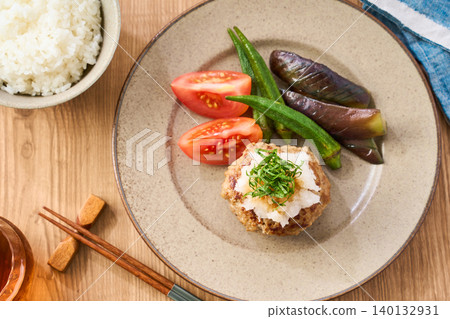Japanese-style hamburger steak topped with grated daikon radish and shiso leaves Japanese-style hamburger steak topped with grated daikon radish and shiso leaves 140132931