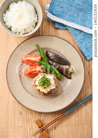 Japanese-style hamburger steak topped with grated daikon radish and shiso leaves Japanese-style hamburger steak topped with grated daikon radish and shiso leaves 140132939