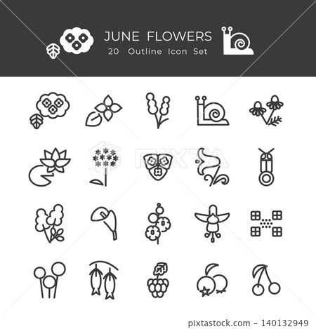 A set of 20 minimalist line art icons featuring flowers for June (black ink, outline, coloring book style, natural). A set of 20 minimalist line art icons featuring flowers for June (black ink, outline, coloring book style, natural). 140132949