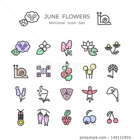 A set of 20 minimalist icons featuring flowers from June (hydrangea, cherry blossom, early summer, pastel colors, natural). A set of 20 minimalist icons featuring flowers from June (hydrangea, cherry blossom, early summer, pastel colors, natural). 140132950