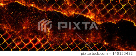 Burning wire mesh and flames dark texture background | Image of heat, destruction, and danger Burning wire mesh and flames dark texture background | Image of heat, destruction, and danger 140133452