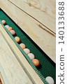 Many fresh farm eggs on the egg collection line in a modern chicken coop. 140133688