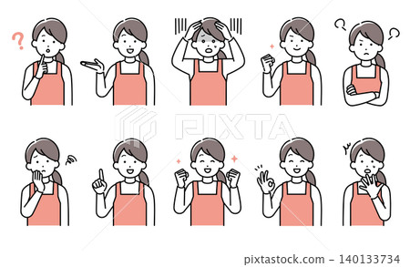 A set of illustrations of housewives (nursery school teachers, house cleaners) wearing aprons and striking various expressions and poses. A set of illustrations of housewives (nursery school teachers, house cleaners) wearing aprons and striking various expressions and poses. 140133734