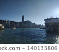 橫幅背景是香港的港口城市和摩天大樓，天空湛藍。 140133806