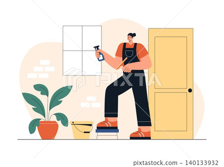 Home Cleaning Service Illustration Featuring Professional Housekeeping, Vacuum Cleaning, Sweeping, Dusting, Sanitizing, and Residential Maintenance Home Cleaning Service Illustration Featuring Professional Housekeeping, Vacuum Cleaning, Sweeping, Dusting, Sanitizing, and Residential Maintenance 140133932