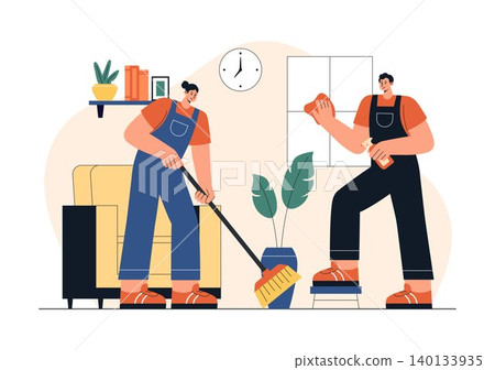 Home Cleaning Service Illustration Featuring Professional Housekeeping, Vacuum Cleaning, Sweeping, Dusting, Sanitizing, and Residential Maintenance Home Cleaning Service Illustration Featuring Professional Housekeeping, Vacuum Cleaning, Sweeping, Dusting, Sanitizing, and Residential Maintenance 140133935