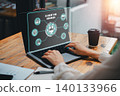Explore cutting-edge AI technology for business optimization, featuring a digital interface on a laptop in a contemporary workspace. 140133966