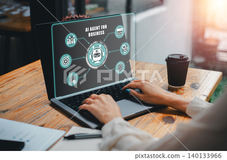 Explore cutting-edge AI technology for business optimization, featuring a digital interface on a laptop in a contemporary workspace. 140133966