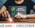 Visual representation of digital identity verification using fingerprint technology and holographic interface on a smartphone. 140133968