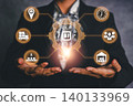 Visual representation of a smart supply chain with AI technology enhancing logistics and management efficiency. 140133969