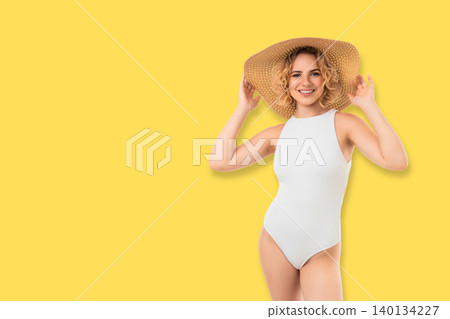 Woman showcases fashionable swimsuit style. Summer vibes and confidence concept 140134227