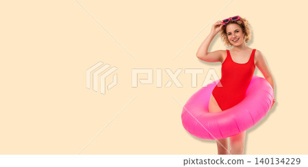 Woman showcases vibrant swimsuit. Summer fashion and tropical vibes concept Woman showcases vibrant swimsuit. Summer fashion and tropical vibes concept 140134229