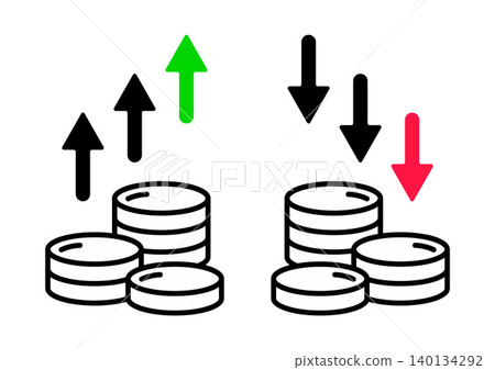 Vector illustration of two financial trend icons in a linear style. The left icon shows stacks of coins with a green upward arrow representing profit and growth, while the right icon shows coin stacks Vector illustration of two financial trend icons in a linear style. The left icon shows stacks of coins with a green upward arrow representing profit and growth, while the right icon shows coin stacks 140134292