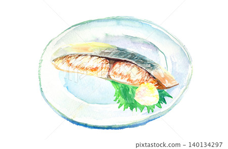 一幅水彩插圖,描繪了盛放在盤子裡的烤西班牙鯖魚。 一幅水彩插圖,描繪了盛放在盤子裡的烤西班牙鯖魚。 140134297