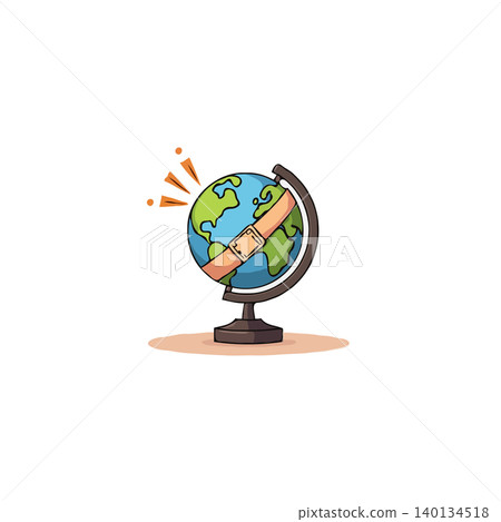 An illustration of a globe on a stand features a beige bandage wrapped around it, symbolizing global healing and recovery, representing the planet's resilience and the urgent need for care and An illustration of a globe on a stand features a beige bandage wrapped around it, symbolizing global healing and recovery, representing the planet's resilience and the urgent need for care and 140134518