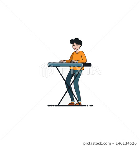 This delightful illustration features a young man playing an electronic keyboard. Set against a clean white background, the artwork exudes a sense of calm and focus, capturing the joy of musical 140134526