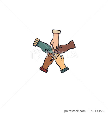 Illustrated depiction of five diverse hands coming together, symbolizing unity, collaboration, and teamwork. The image conveys a sense of support and connection, highlighting the strength found in Illustrated depiction of five diverse hands coming together, symbolizing unity, collaboration, and teamwork. The image conveys a sense of support and connection, highlighting the strength found in 140134530