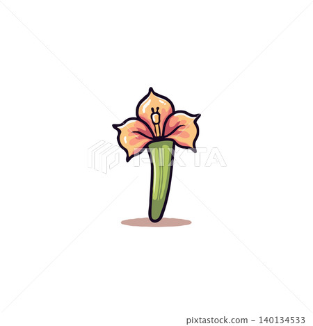 An elegant and stylized botanical illustration showcases a single flower. Its gentle petals are presented in bright tones, contrasting with the smooth, flowing stem. The clean background draws An elegant and stylized botanical illustration showcases a single flower. Its gentle petals are presented in bright tones, contrasting with the smooth, flowing stem. The clean background draws 140134533